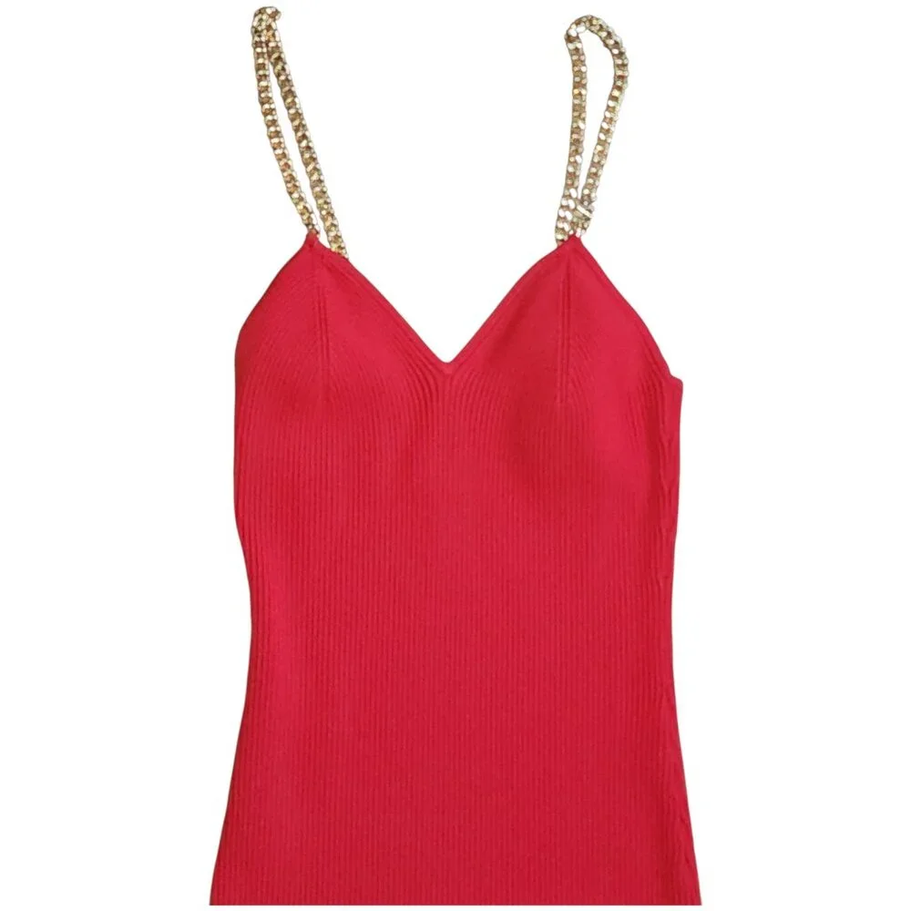 Michael Kors Dress Womens Size XS Red Ribbed Gold Logo Chain Bodycon Stretch - Picture 2 of 6